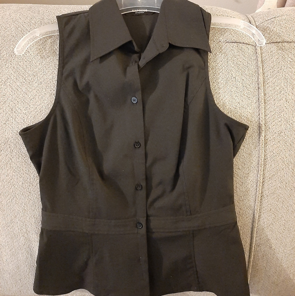 NWT Express Women's Stretch Black Sleeveless Collared Dress Shirt, Sz 3/4